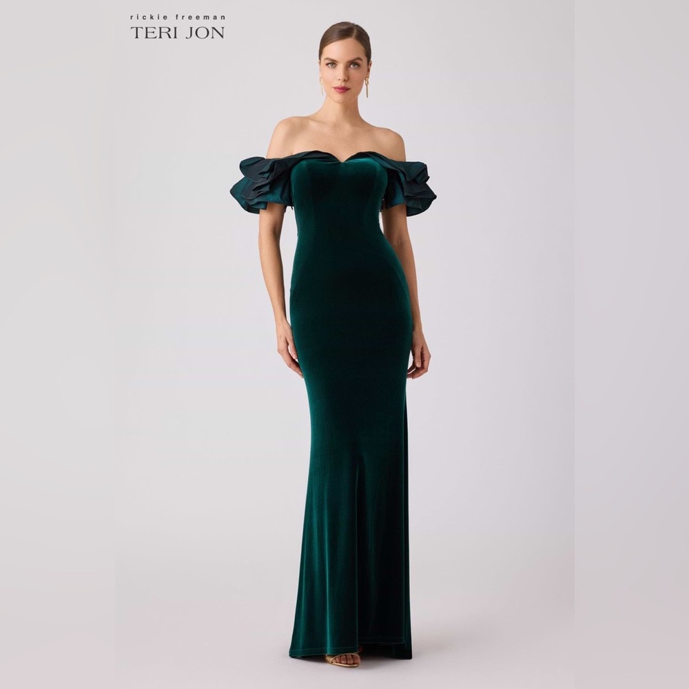 Rickie Freeman For Teri Jon New Velvet Taffeta Off The Shoulder Gown In Forest 8